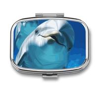 Metal Pill Box with Mirror - 2 Compartment Travel Pill Case for Purse Portable Pillbox Compact Vitamin Container Dolphin with A Smile Medicine Organizer for Fish Oil & Supplement