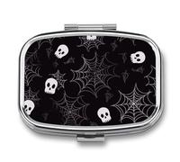 Metal Pill Box with Mirror - 2 Compartment Travel Pill Case for Purse Portable Pillbox Compact Vitamin Container Halloween Goth Medicine Organizer for Fish Oil & Supplement