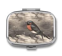 Metal Pill Box with Mirror - 2 Compartment Travel Pill Case for Purse Portable Pillbox Compact Vitamin Container Barn Swallow in Graphite Medicine Organizer for Fish Oil & Supplement