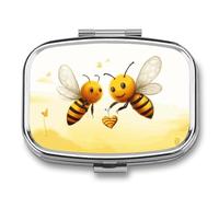 Metal Pill Box with Mirror - 2 Compartment Travel Pill Case for Purse Portable Pillbox Compact Vitamin Container Bee Love Honey Medicine Organizer for Fish Oil & Supplement