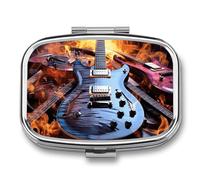 Metal Pill Box with Mirror - 2 Compartment Travel Pill Case for Purse Portable Pillbox Compact Vitamin Container Magic Electric Guitar Music Medicine Organizer for Fish Oil & Supplement