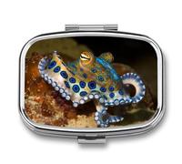 Metal Pill Box with Mirror - 2 Compartment Travel Pill Case for Purse Portable Pillbox Compact Vitamin Container Blue Ring Octopus Medicine Organizer for Fish Oil & Supplement