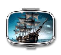 Metal Pill Box with Mirror - 2 Compartment Travel Pill Case for Purse Portable Pillbox Compact Vitamin Container Pirate Ship Medicine Organizer for Fish Oil & Supplement
