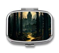 Metal Pill Box with Mirror - 2 Compartment Travel Pill Case for Purse Portable Pillbox Compact Vitamin Container A Dark and Mysterious Gothic Castle Medicine Organizer for Fish Oil & Supplement