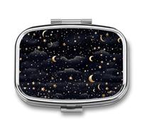 Metal Pill Box with Mirror - 2 Compartment Travel Pill Case for Purse Portable Pillbox Compact Vitamin Container Stars and Moon on Dark Background Medicine Organizer for Fish Oil & Supplement