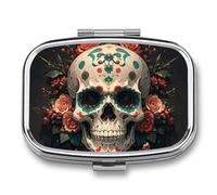 Metal Pill Box with Mirror - 2 Compartment Travel Pill Case for Purse Portable Pillbox Compact Vitamin Container Amazing Skull and Bones Medicine Organizer for Fish Oil & Supplement