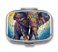 Metal Pill Box with Mirror - 2 Compartment Travel Pill Case for Purse Portable Pillbox Compact Vitamin Container Colorful Elephant Medicine Organizer for Fish Oil & Supplement