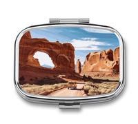 Metal Pill Box with Mirror - 2 Compartment Travel Pill Case for Purse Portable Pillbox Compact Vitamin Container Arches National Park Entrance Medicine Organizer for Fish Oil & Supplement
