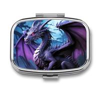 Metal Pill Box with Mirror - 2 Compartment Travel Pill Case for Purse Portable Pillbox Compact Vitamin Container Purple Dragon Purple Moon Medicine Organizer for Fish Oil & Supplement