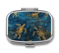 Metal Pill Box with Mirror - 2 Compartment Travel Pill Case for Purse Portable Pillbox Compact Vitamin Container Sea Turtle Medicine Organizer for Fish Oil & Supplement