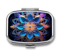 Metal Pill Box with Mirror - 2 Compartment Travel Pill Case for Purse Portable Pillbox Compact Vitamin Container Rectangle Mandala Medicine Organizer for Fish Oil & Supplement