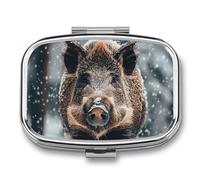 Metal Pill Box with Mirror - 2 Compartment Travel Pill Case for Purse Portable Pillbox Compact Vitamin Container Wild Boar Medicine Organizer for Fish Oil & Supplement