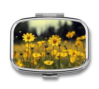Metal Pill Box with Mirror - 2 Compartment Travel Pill Case for Purse Portable Pillbox Compact Vitamin Container Summer Yellow Flowers Medicine Organizer for Fish Oil & Supplement