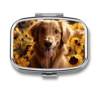 Metal Pill Box with Mirror - 2 Compartment Travel Pill Case for Purse Portable Pillbox Compact Vitamin Container Golden Retriever Sunflower Medicine Organizer for Fish Oil & Supplement