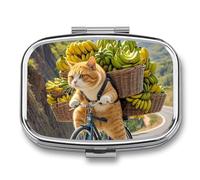 Metal Pill Box with Mirror - 2 Compartment Travel Pill Case for Purse Portable Pillbox Compact Vitamin Container Cats Ride Bikes to Deliver Bananas Medicine Organizer for Fish Oil & Supplement