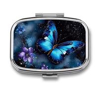 Metal Pill Box with Mirror - 2 Compartment Travel Pill Case for Purse Portable Pillbox Compact Vitamin Container Galaxy Blue Butterfly Medicine Organizer for Fish Oil & Supplement