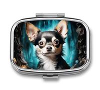 Metal Pill Box with Mirror - 2 Compartment Travel Pill Case for Purse Portable Pillbox Compact Vitamin Container Gem Cave Chihuahua Medicine Organizer for Fish Oil & Supplement