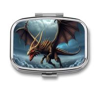 Metal Pill Box with Mirror - 2 Compartment Travel Pill Case for Purse Portable Pillbox Compact Vitamin Container Flying Dragon Medicine Organizer for Fish Oil & Supplement