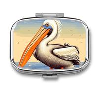 Metal Pill Box with Mirror - 2 Compartment Travel Pill Case for Purse Portable Pillbox Compact Vitamin Container Pelican Birds Medicine Organizer for Fish Oil & Supplement