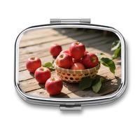 Metal Pill Box with Mirror - 2 Compartment Travel Pill Case for Purse Portable Pillbox Compact Vitamin Container Fresh Red Apples Medicine Organizer for Fish Oil & Supplement