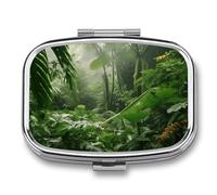 Metal Pill Box with Mirror - 2 Compartment Travel Pill Case for Purse Portable Pillbox Compact Vitamin Container Tropical Rainforest Medicine Organizer for Fish Oil & Supplement