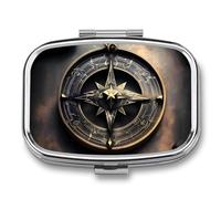 Metal Pill Box with Mirror - 2 Compartment Travel Pill Case for Purse Portable Pillbox Compact Vitamin Container Magical Design Norse Runes Compass Medicine Organizer for Fish Oil & Supplement