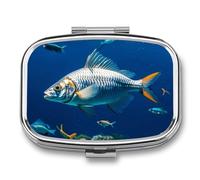 Metal Pill Box with Mirror - 2 Compartment Travel Pill Case for Purse Portable Pillbox Compact Vitamin Container Flying Fish in The Oceans Medicine Organizer for Fish Oil & Supplement