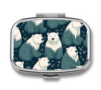 Metal Pill Box with Mirror - 2 Compartment Travel Pill Case for Purse Portable Pillbox Compact Vitamin Container Polar Bear Pattern Medicine Organizer for Fish Oil & Supplement