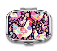 Metal Pill Box with Mirror - 2 Compartment Travel Pill Case for Purse Portable Pillbox Compact Vitamin Container Flower Heart Chicken Medicine Organizer for Fish Oil & Supplement
