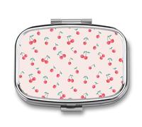 Metal Pill Box with Mirror - 2 Compartment Travel Pill Case for Purse Portable Pillbox Compact Vitamin Container Lovely Sweet Red Cherry Medicine Organizer for Fish Oil & Supplement