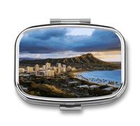 Metal Pill Box with Mirror - 2 Compartment Travel Pill Case for Purse Portable Pillbox Compact Vitamin Container Hawaii Skyline Diamond Head Volcano Medicine Organizer for Fish Oil & Supplement
