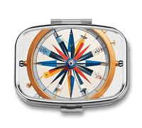 Metal Pill Box with Mirror - 2 Compartment Travel Pill Case for Purse Portable Pillbox Compact Vitamin Container Maritime Sailboat Compass Medicine Organizer for Fish Oil & Supplement