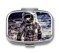 Metal Pill Box with Mirror - 2 Compartment Travel Pill Case for Purse Portable Pillbox Compact Vitamin Container US Astronaut Travel Moon Medicine Organizer for Fish Oil & Supplement
