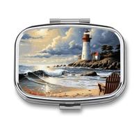 Metal Pill Box with Mirror - 2 Compartment Travel Pill Case for Purse Portable Pillbox Compact Vitamin Container Sea Lighthouse Sandbeach Medicine Organizer for Fish Oil & Supplement