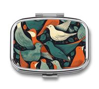 Metal Pill Box with Mirror - 2 Compartment Travel Pill Case for Purse Portable Pillbox Compact Vitamin Container Flock of Birds Medicine Organizer for Fish Oil & Supplement