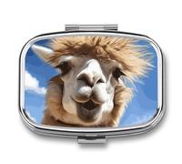 Metal Pill Box with Mirror - 2 Compartment Travel Pill Case for Purse Portable Pillbox Compact Vitamin Container Funny Alpaca Llama Medicine Organizer for Fish Oil & Supplement