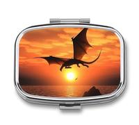 Metal Pill Box with Mirror - 2 Compartment Travel Pill Case for Purse Portable Pillbox Compact Vitamin Container Sea Sunset Flying Dragon Medicine Organizer for Fish Oil & Supplement