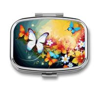 Metal Pill Box with Mirror - 2 Compartment Travel Pill Case for Purse Portable Pillbox Compact Vitamin Container Colorful with Butterfly Medicine Organizer for Fish Oil & Supplement