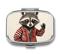 Metal Pill Box with Mirror - 2 Compartment Travel Pill Case for Purse Portable Pillbox Compact Vitamin Container Red Raccoon Painting Medicine Organizer for Fish Oil & Supplement