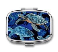 Metal Pill Box with Mirror - 2 Compartment Travel Pill Case for Purse Portable Pillbox Compact Vitamin Container Blue Sea Turtle in Ocean Medicine Organizer for Fish Oil & Supplement