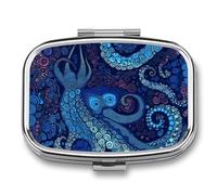 Metal Pill Box with Mirror - 2 Compartment Travel Pill Case for Purse Portable Pillbox Compact Vitamin Container Blue Octopus Medicine Organizer for Fish Oil & Supplement