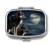 Metal Pill Box with Mirror - 2 Compartment Travel Pill Case for Purse Portable Pillbox Compact Vitamin Container Wolves in The Moonlight Medicine Organizer for Fish Oil & Supplement