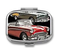 Metal Pill Box with Mirror - 2 Compartment Travel Pill Case for Purse Portable Pillbox Compact Vitamin Container Classic Car Roadsters Old Fashioned Medicine Organizer for Fish Oil & Supplement