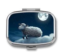 Metal Pill Box with Mirror - 2 Compartment Travel Pill Case for Purse Portable Pillbox Compact Vitamin Container Sheep Flying Over The Moon Medicine Organizer for Fish Oil & Supplement
