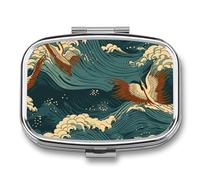 Metal Pill Box with Mirror - 2 Compartment Travel Pill Case for Purse Portable Pillbox Compact Vitamin Container Japan Wave Wallpapers Medicine Organizer for Fish Oil & Supplement