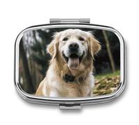 Metal Pill Box with Mirror - 2 Compartment Travel Pill Case for Purse Portable Pillbox Compact Vitamin Container Funny Golden Retriever Medicine Organizer for Fish Oil & Supplement