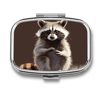 Metal Pill Box with Mirror - 2 Compartment Travel Pill Case for Purse Portable Pillbox Compact Vitamin Container Cute Raccoon Medicine Organizer for Fish Oil & Supplement