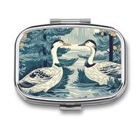 Metal Pill Box with Mirror - 2 Compartment Travel Pill Case for Purse Portable Pillbox Compact Vitamin Container Duck in The Woods Medicine Organizer for Fish Oil & Supplement