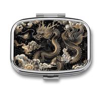 Metal Pill Box with Mirror - 2 Compartment Travel Pill Case for Purse Portable Pillbox Compact Vitamin Container Black Chinese Dragon Medicine Organizer for Fish Oil & Supplement