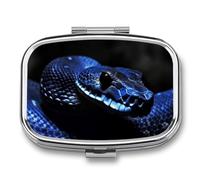 Metal Pill Box with Mirror - 2 Compartment Travel Pill Case for Purse Portable Pillbox Compact Vitamin Container Blue Snake Medicine Organizer for Fish Oil & Supplement